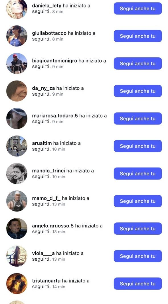 Lista di nuovi follower arrivati negli ultimi minuti